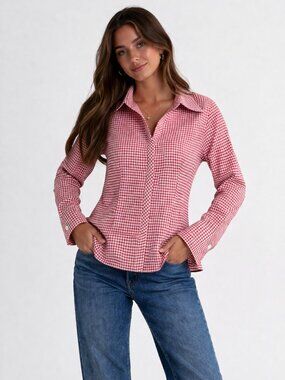 Classic Red & White Gingham Check Full Sleeves Front Zip Top Size S Cottagecore